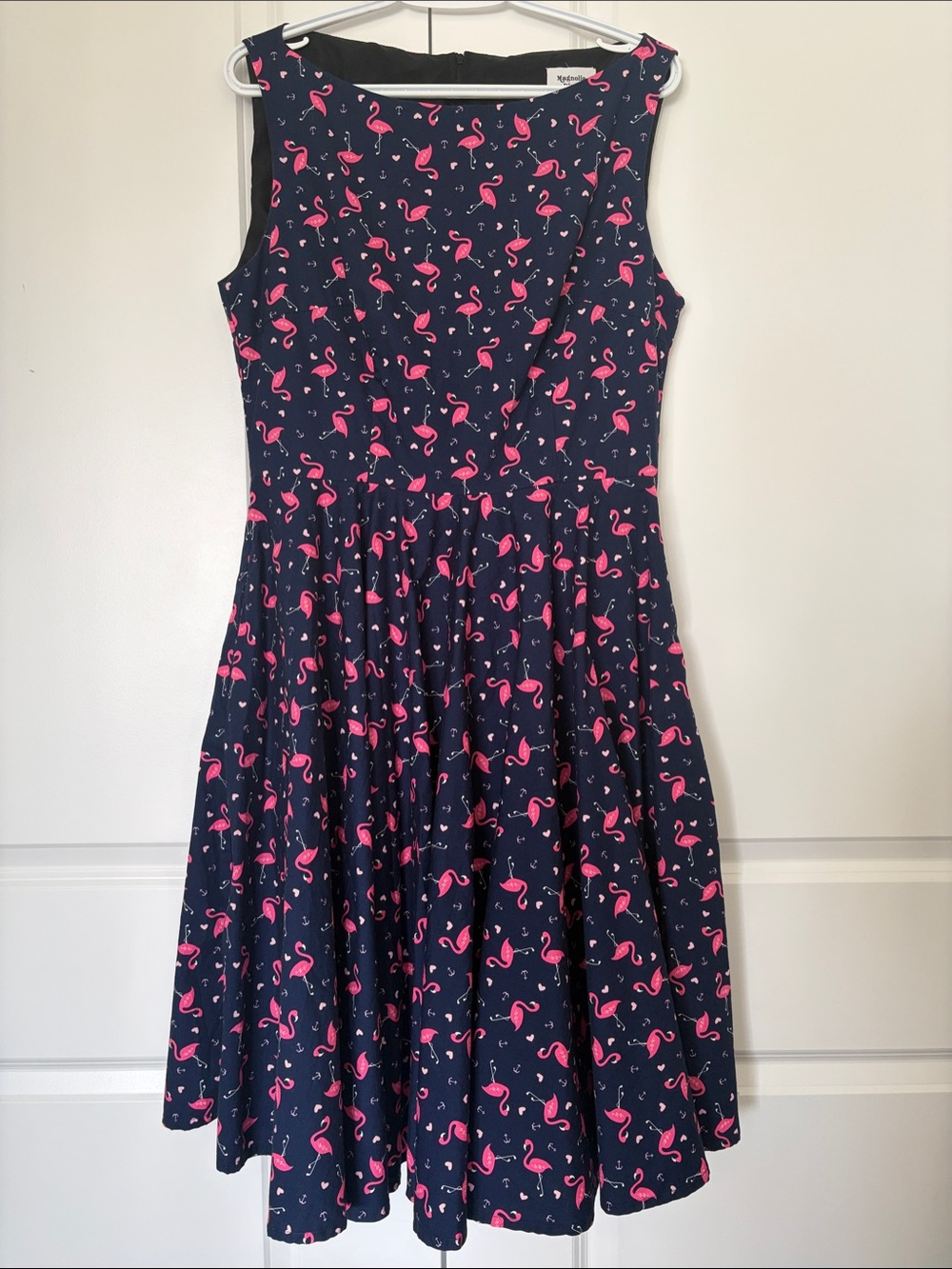 Navy Sleeveless Fit-and-Flare Dress with Pink Flamingo Print